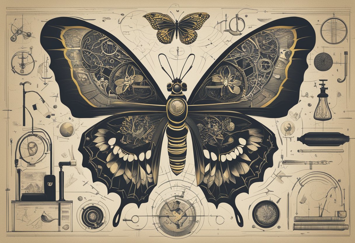 A butterfly emerging from a cocoon, surrounded by medical tools and symbols of innovation