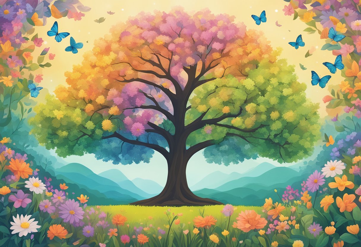 A serene garden with a lone tree standing tall, symbolizing resilience and growth, surrounded by colorful flowers and butterflies