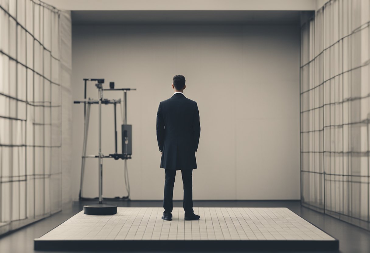 A man standing in front of a scale, turning his back to it with a determined expression on his face. The scale is blurred and out of focus
