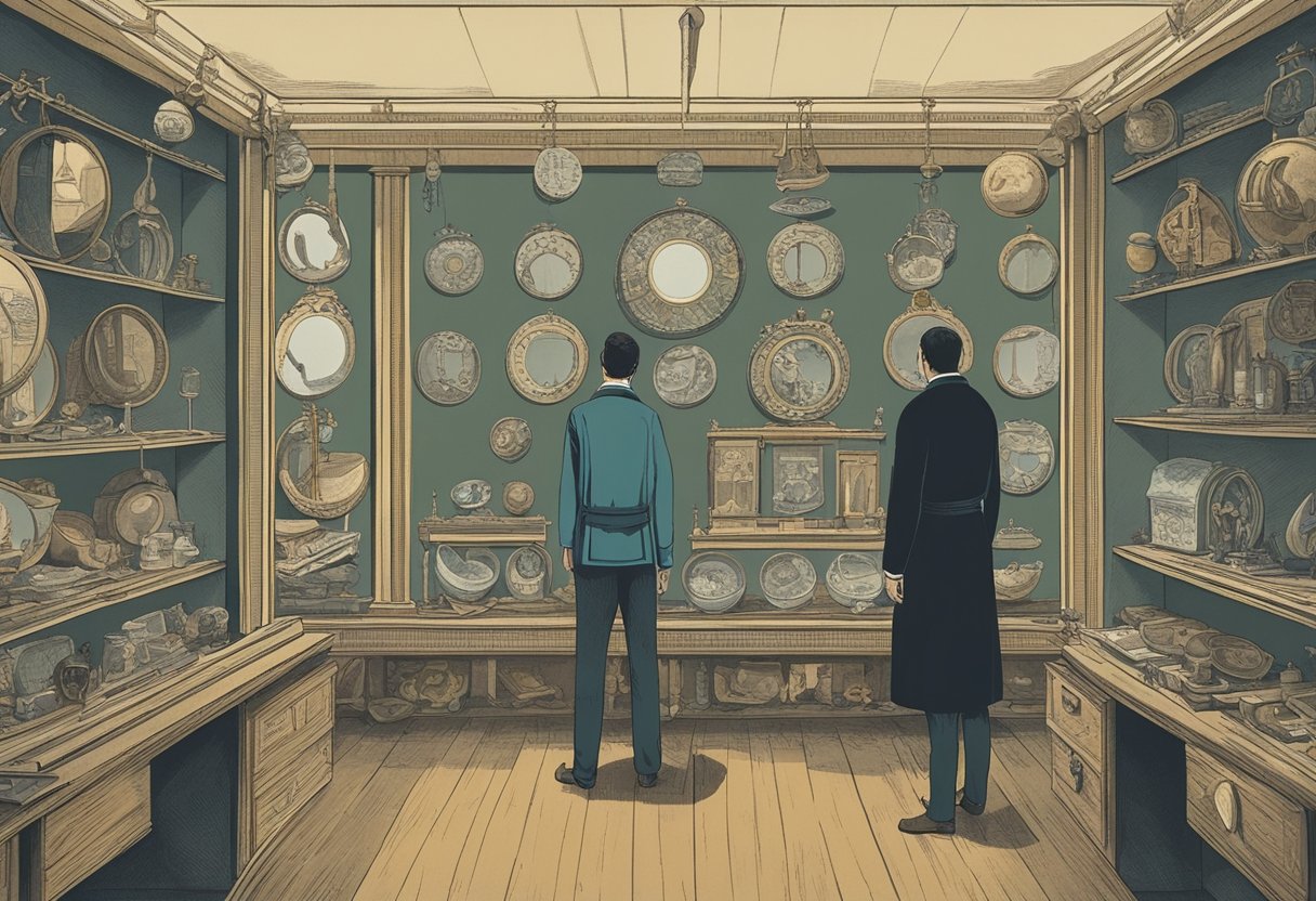 A man standing in front of a mirror, turning his back to the scale, with various treatment options and resources scattered around the room