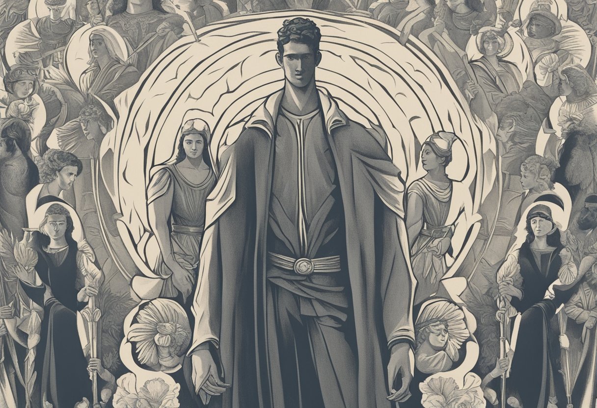 A male figure standing confidently, surrounded by supportive friends and family, with a focus on strength and resilience