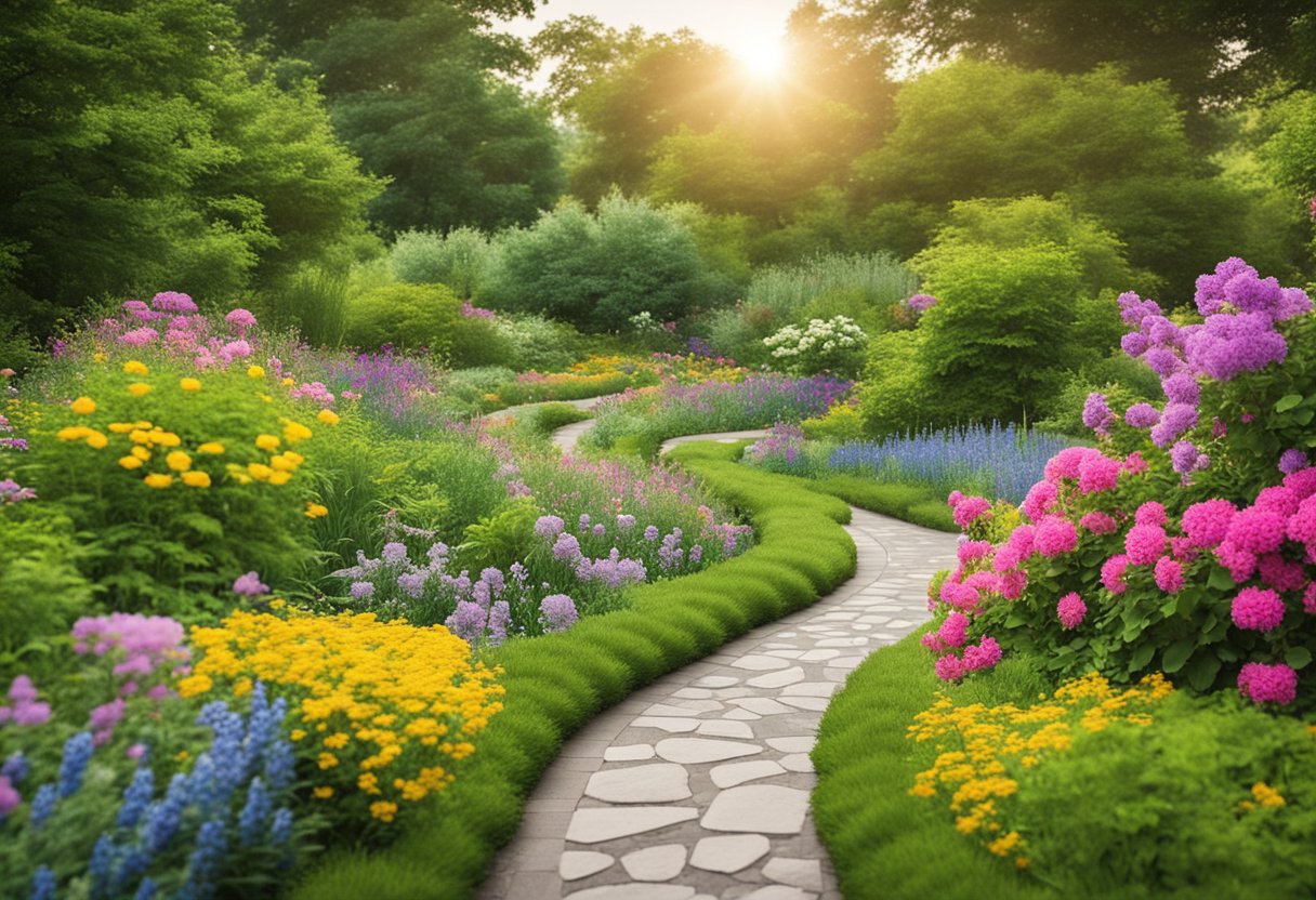 A serene garden with a winding path leading through vibrant flowers and lush greenery, symbolizing the emotional journey of cancer survivorship