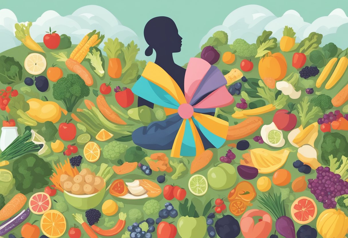 A person surrounded by healthy, satiating foods with a cancer ribbon symbolizing survivorship
