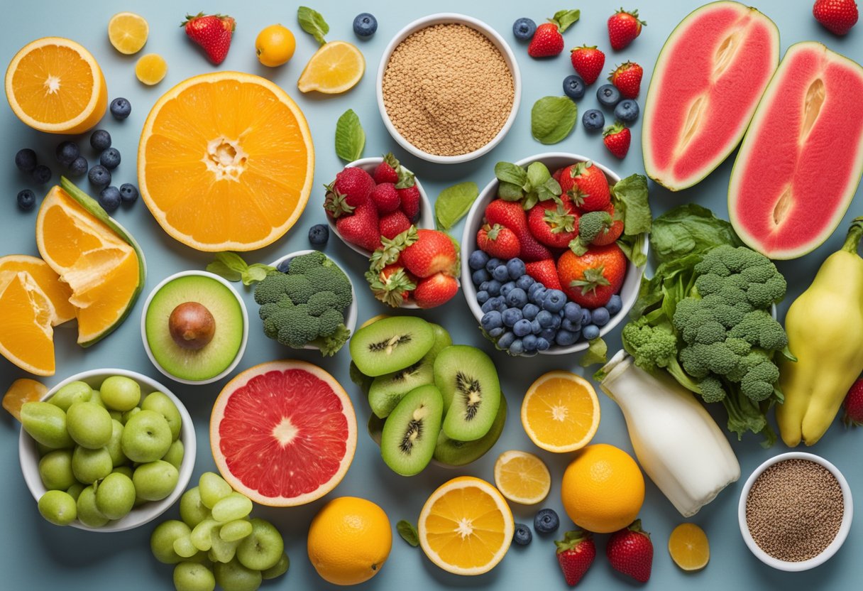 A colorful array of fresh fruits, vegetables, whole grains, and lean proteins, with a clear separation from processed and sugary foods