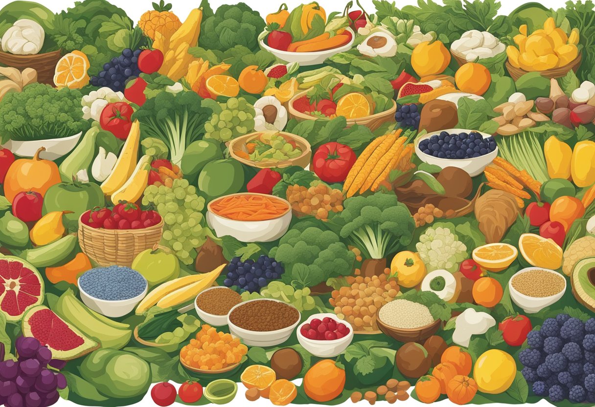 A bountiful table of vibrant, nutrient-rich foods, surrounded by symbols of strength and vitality