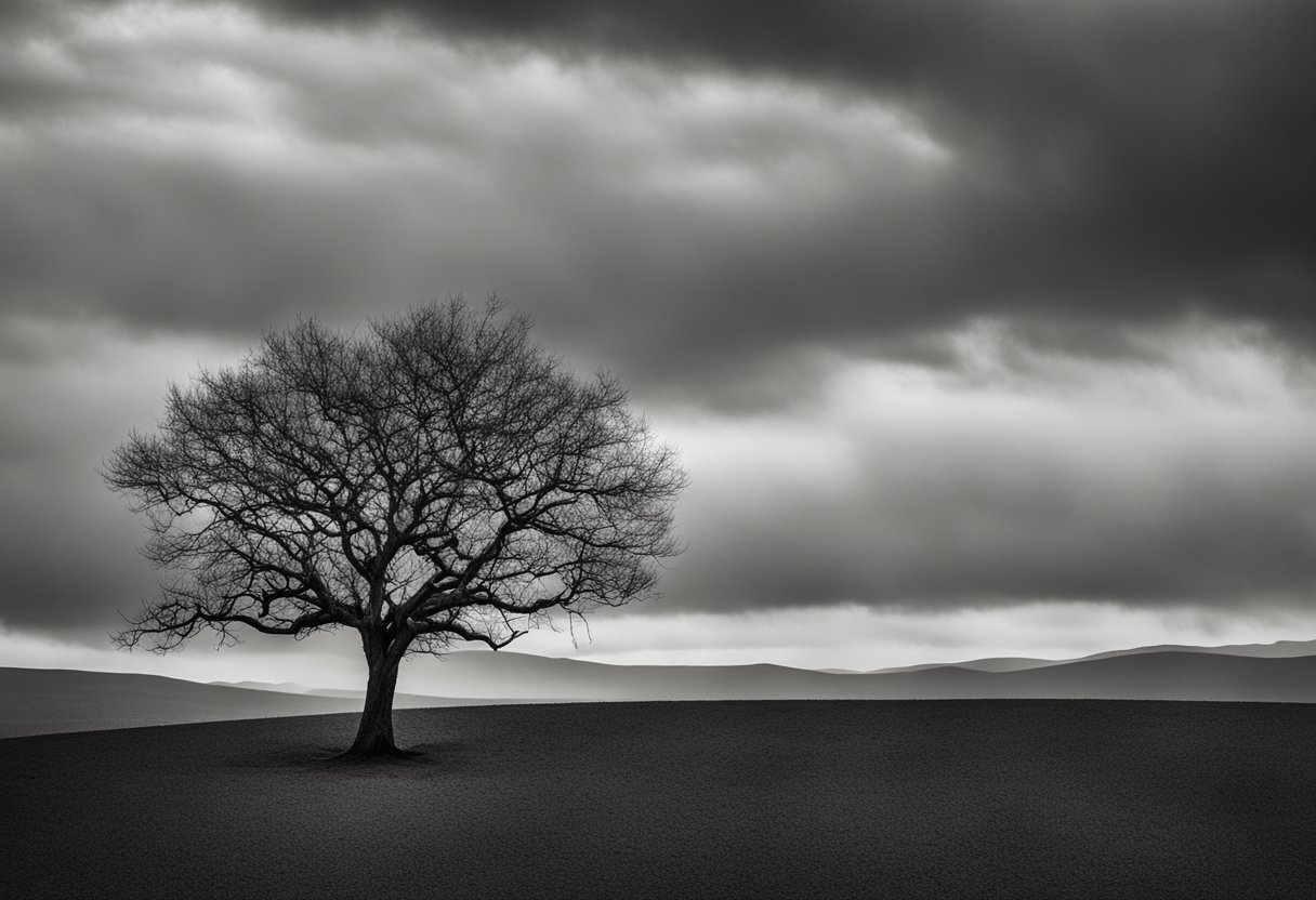 A lone tree stands in a barren landscape, its branches charred and leaves wilted. The sky is dark and ominous, with a faint glimmer of hope breaking through the clouds