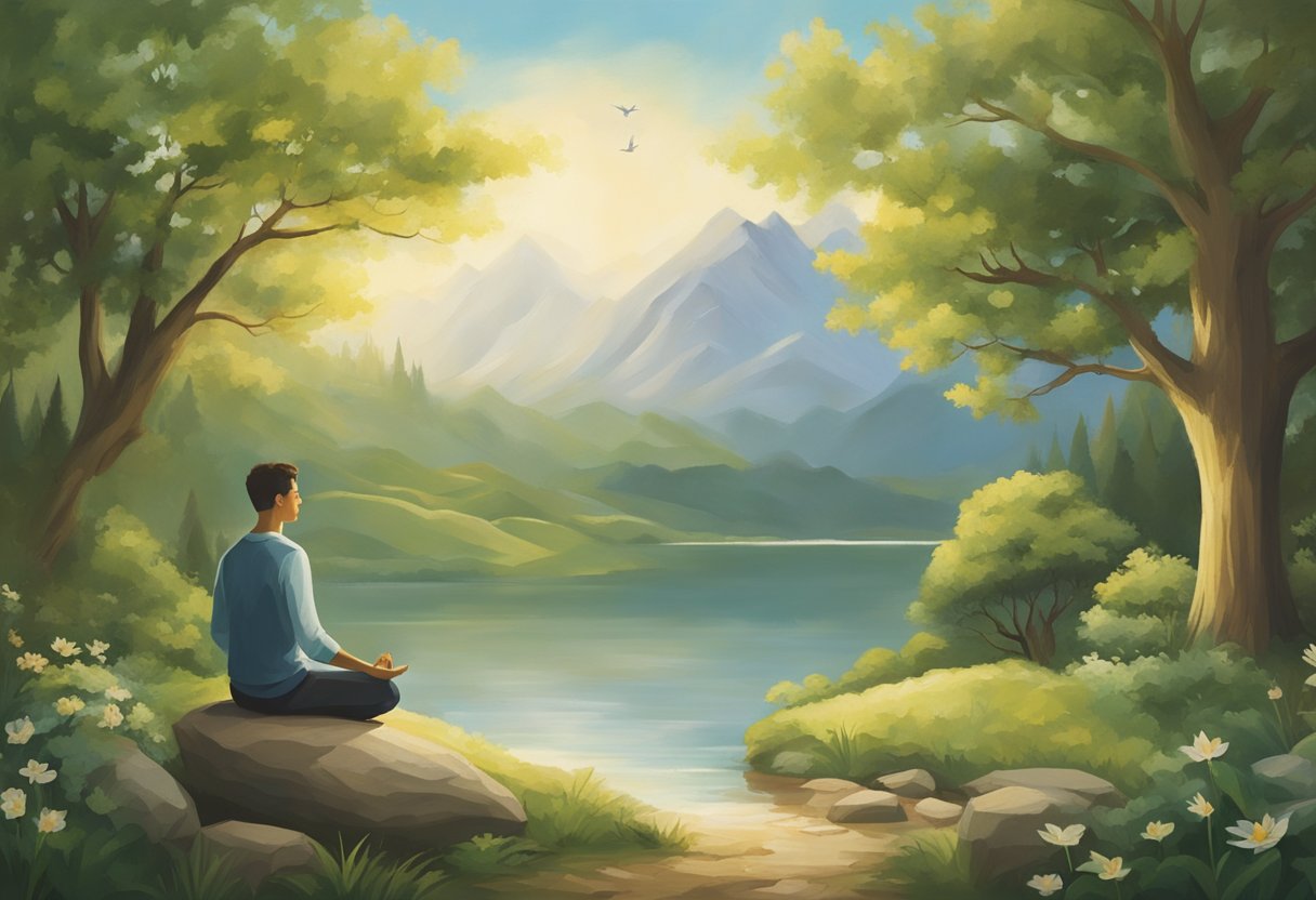 A serene, nature-filled setting with a figure engaging in calming activities like yoga or meditation. The scene exudes a sense of peace and balance