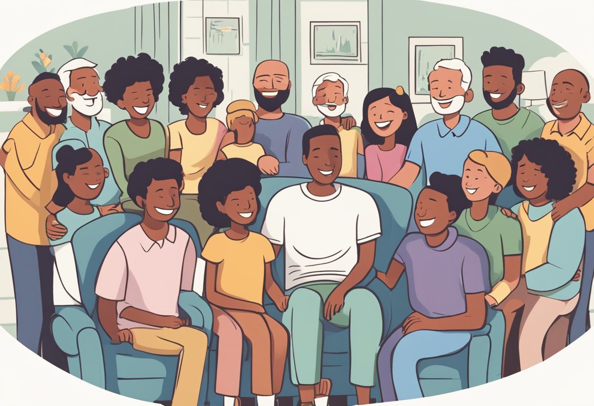 A group of friends and family gather around a male cancer survivor, offering hugs, smiles, and words of encouragement as he sits in a comfortable chair