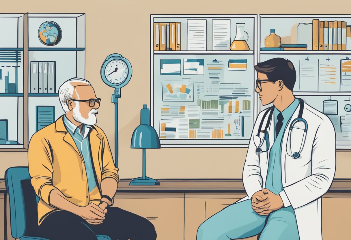 A doctor discussing cancer and burnout with a male survivor in a medical office