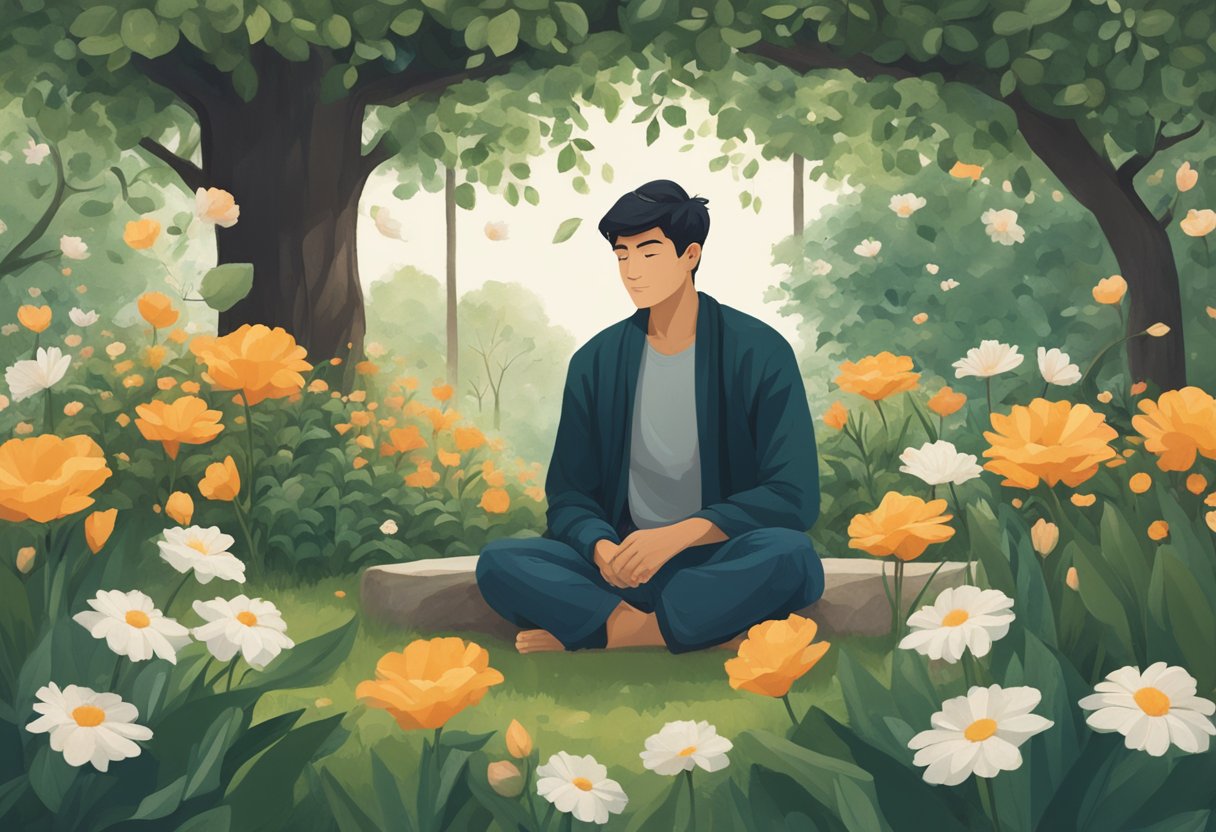 A man sits in a peaceful garden, surrounded by blooming flowers and lush greenery. His gaze is determined and focused, conveying strength and resilience