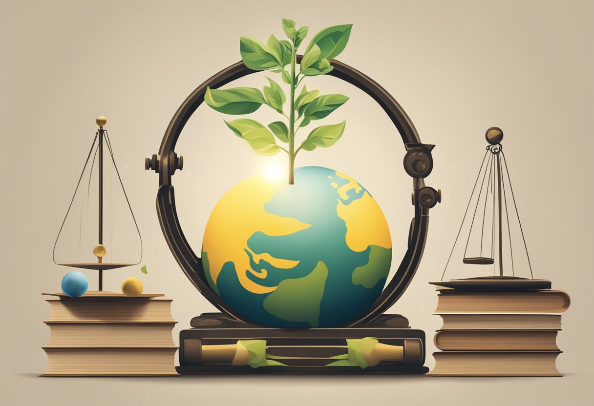 A sprouting seedling reaching towards the sunlight, surrounded by books, a globe, and a set of weights