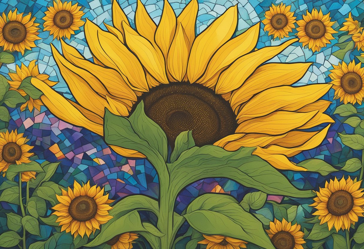 A vibrant sunflower reaching towards the sun, surrounded by a lush garden of resilient, blooming flowers