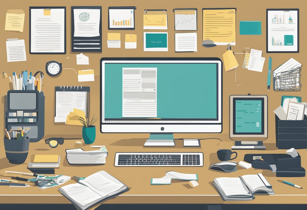 A neatly organized desk with a computer, notepad, and various office supplies, surrounded by motivational quotes and images of progress and success