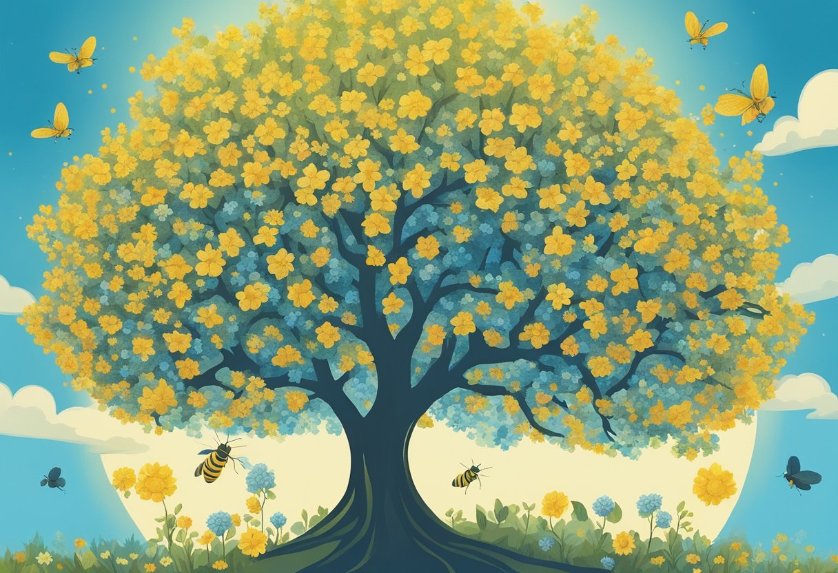 A tree growing tall and strong, surrounded by blooming flowers and buzzing bees, under a bright sun and clear blue sky