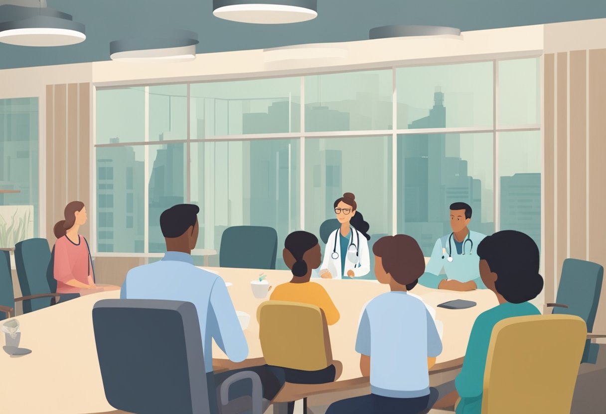 A doctor discusses cancer and autism with a worried family in a hospital conference room