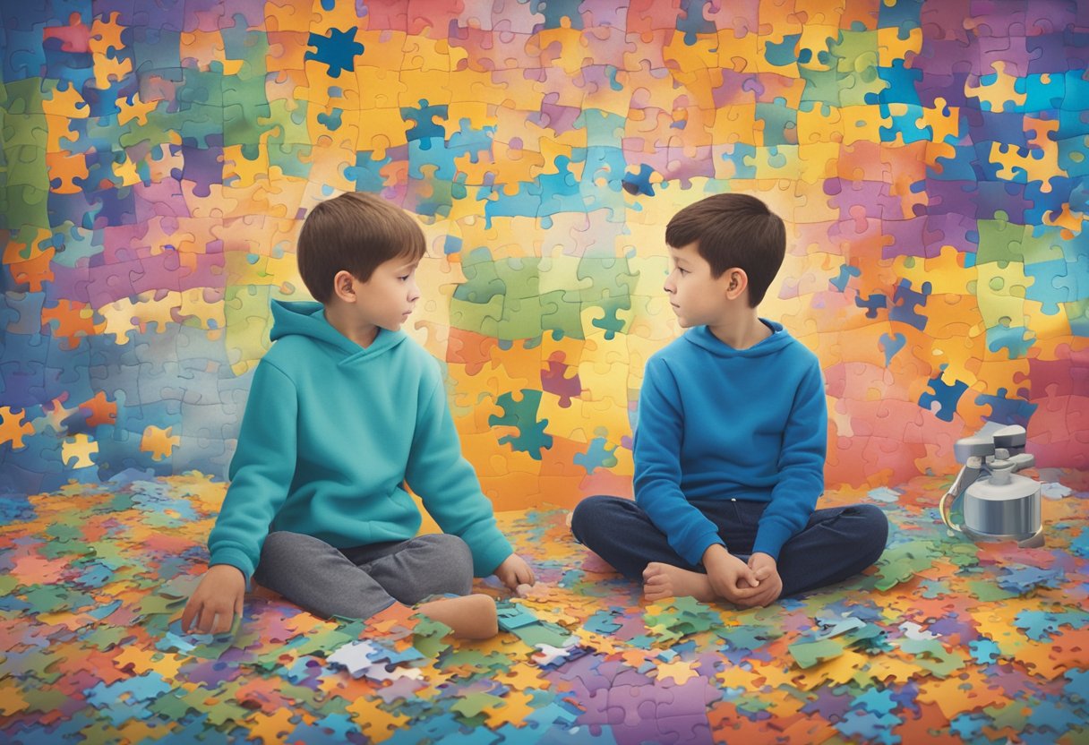 A child with Autism Spectrum Disorder sits beside a cancer patient, both lost in their own worlds, surrounded by colorful puzzle pieces and medical equipment