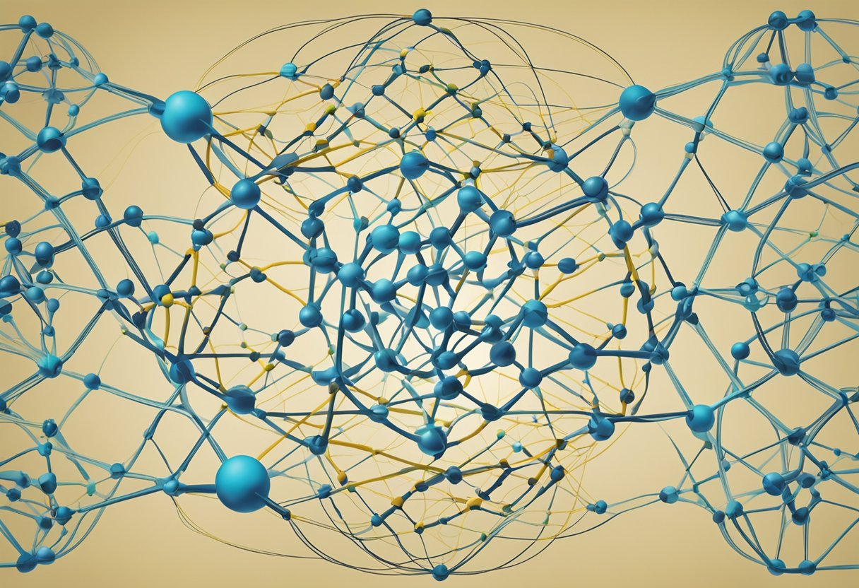 A complex network of molecular pathways intertwining with strands of genetic mutations, representing the intersection of cancer and autism research