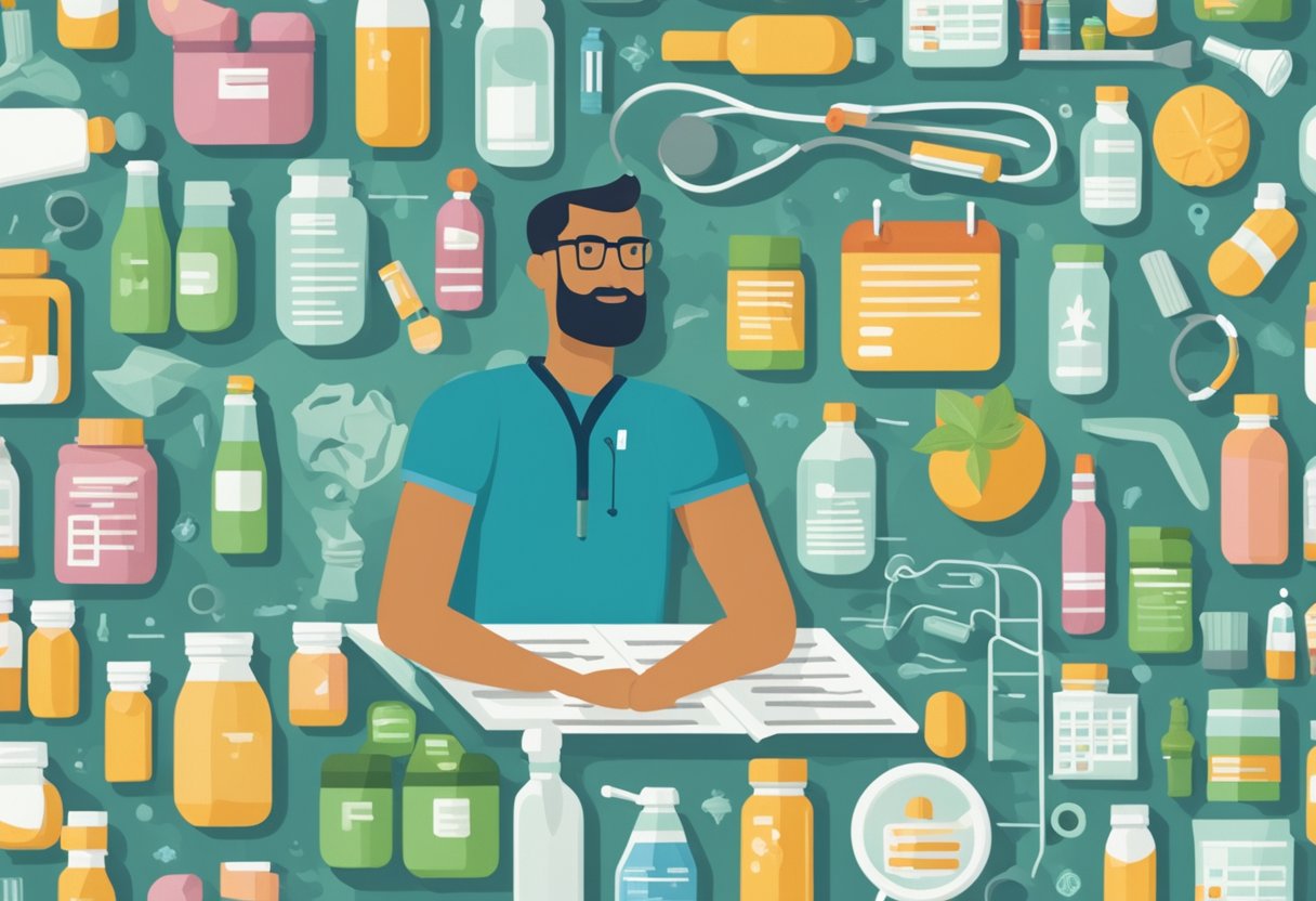 A man surrounded by piles of medication bottles, exercise equipment, and healthy food, with a calendar filled with doctor's appointments and support group meetings