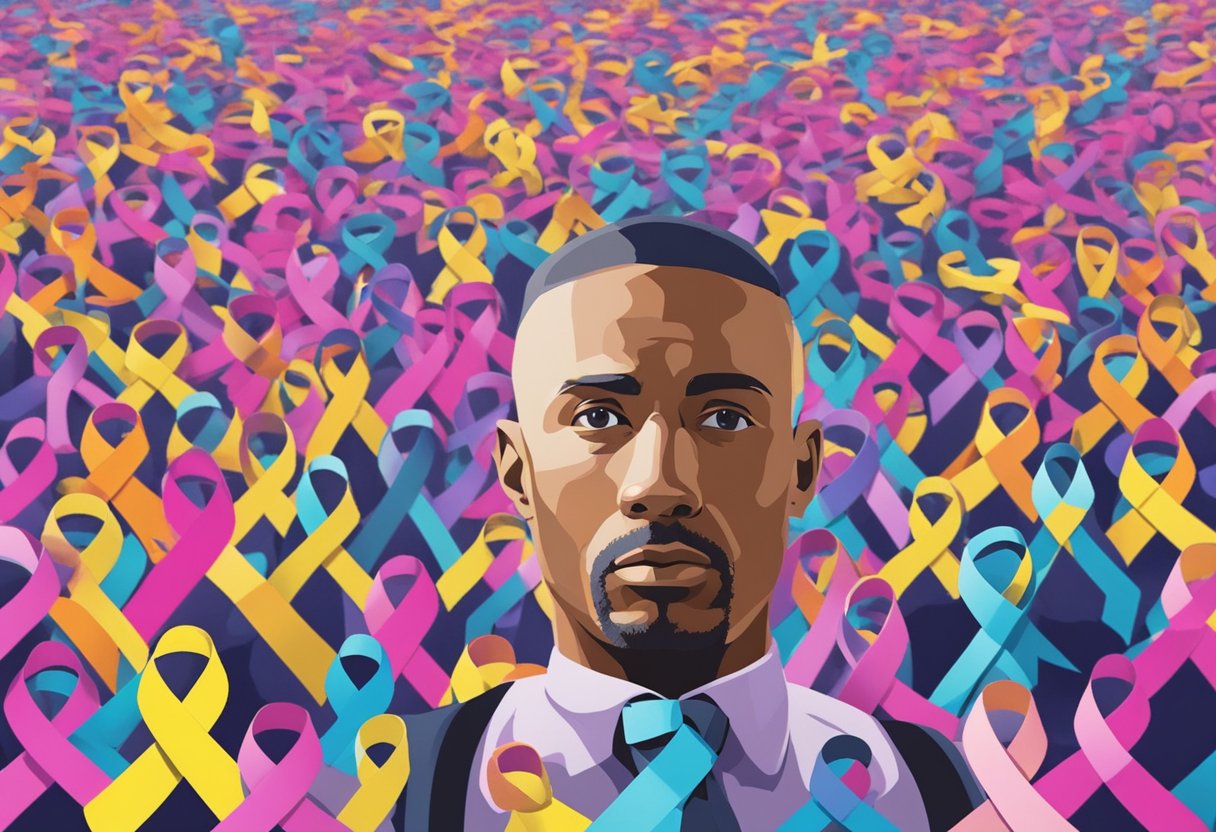 A man surrounded by various cancer awareness ribbons, with a worried expression as he obsessively collects and organizes them