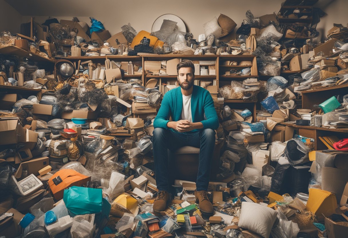 A man surrounded by piles of "need" items, overwhelmed and consumed by his obsession with collecting and hoarding