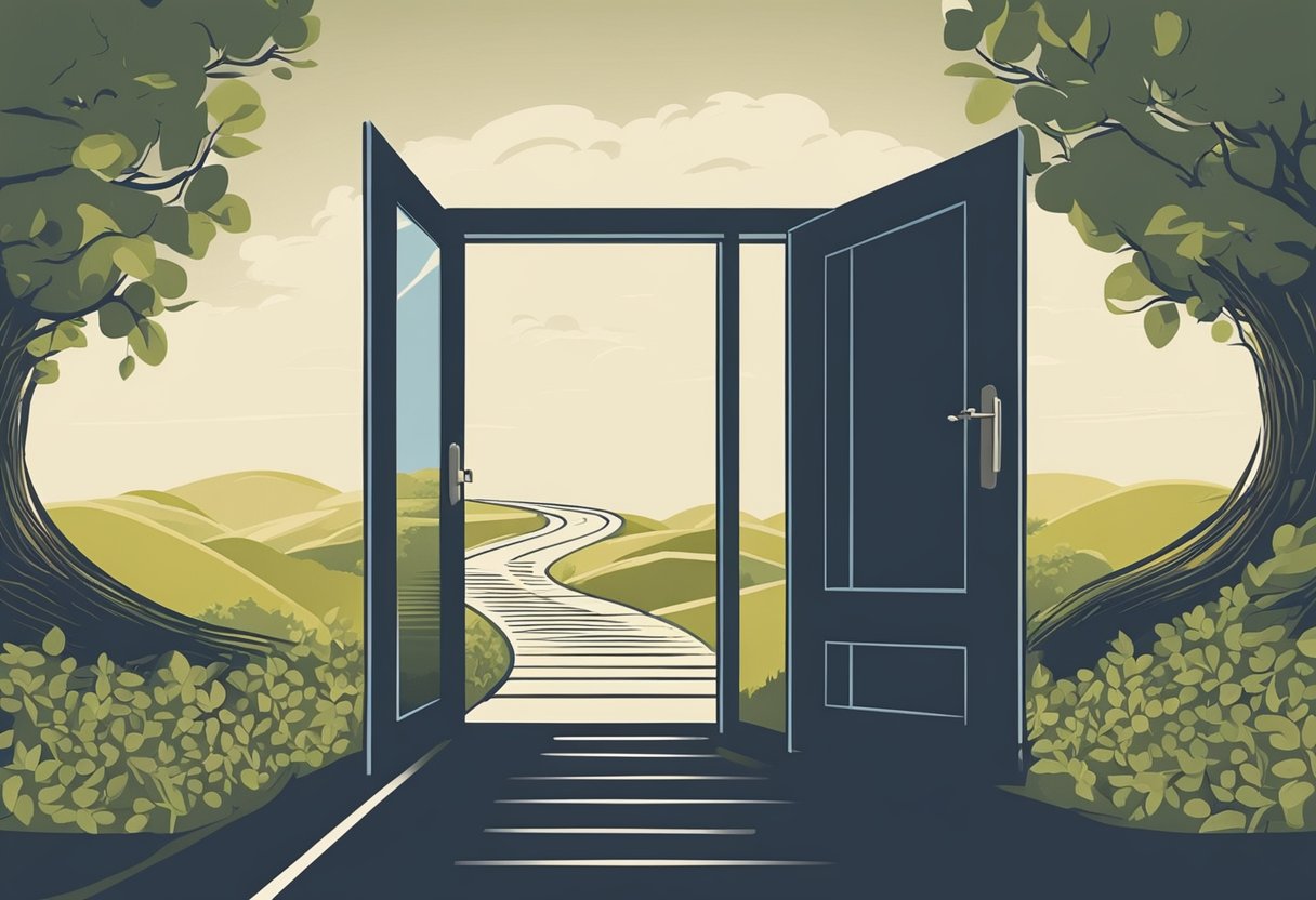 A winding path leading to a bright, open doorway symbolizing new beginnings and opportunities for a male cancer thriver