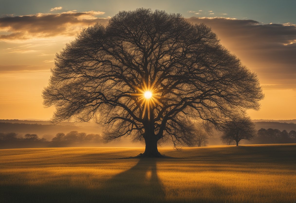 A lone tree stands tall in a field, its branches reaching out towards the sky. The sun sets in the background, casting a warm glow over the landscape