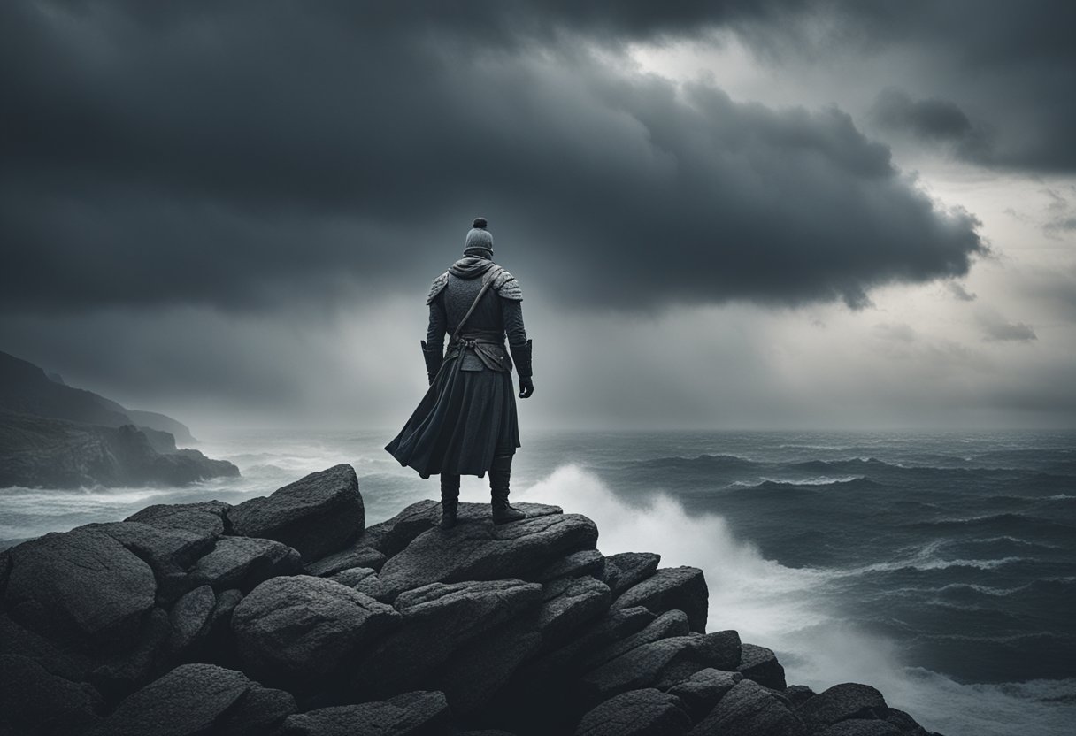 A lone warrior stands on a rocky cliff, facing a stormy sea under a brooding sky