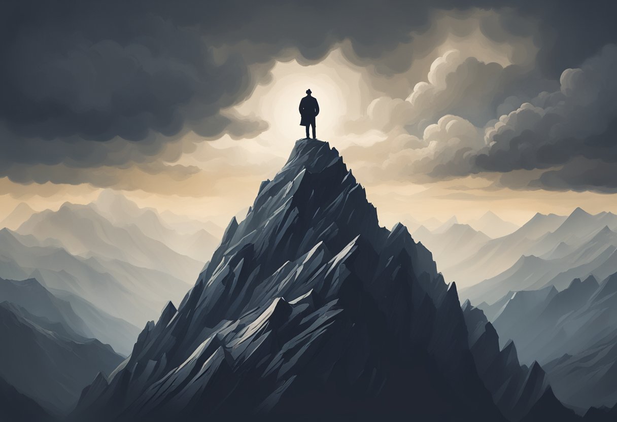 A lone figure stands atop a mountain peak, surrounded by storm clouds and jagged rocks, symbolizing the dramatic limitations of the male cancer warrior's journey