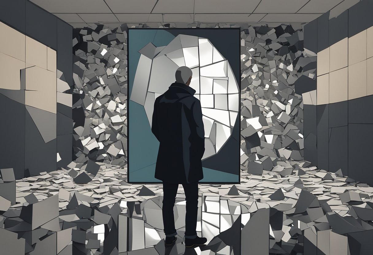 A lone figure sits in a dark room, surrounded by shattered pieces of a mirror. The figure's reflection is fragmented, symbolizing the internal struggle of a male cancer warrior's mental health and emotional well-being