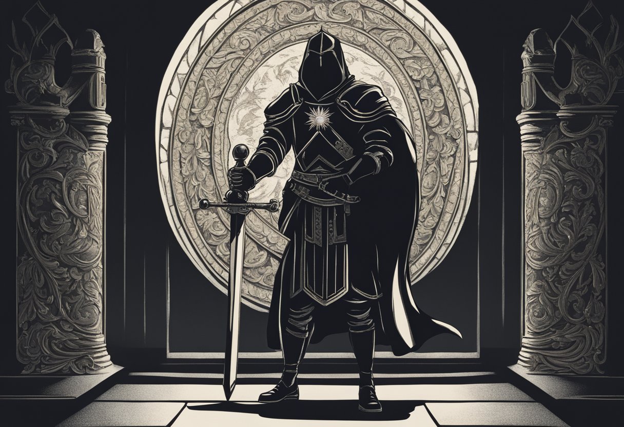 A male figure stands in a spotlight, surrounded by darkness. He is holding a sword and shield, facing an unseen adversary with determination and courage