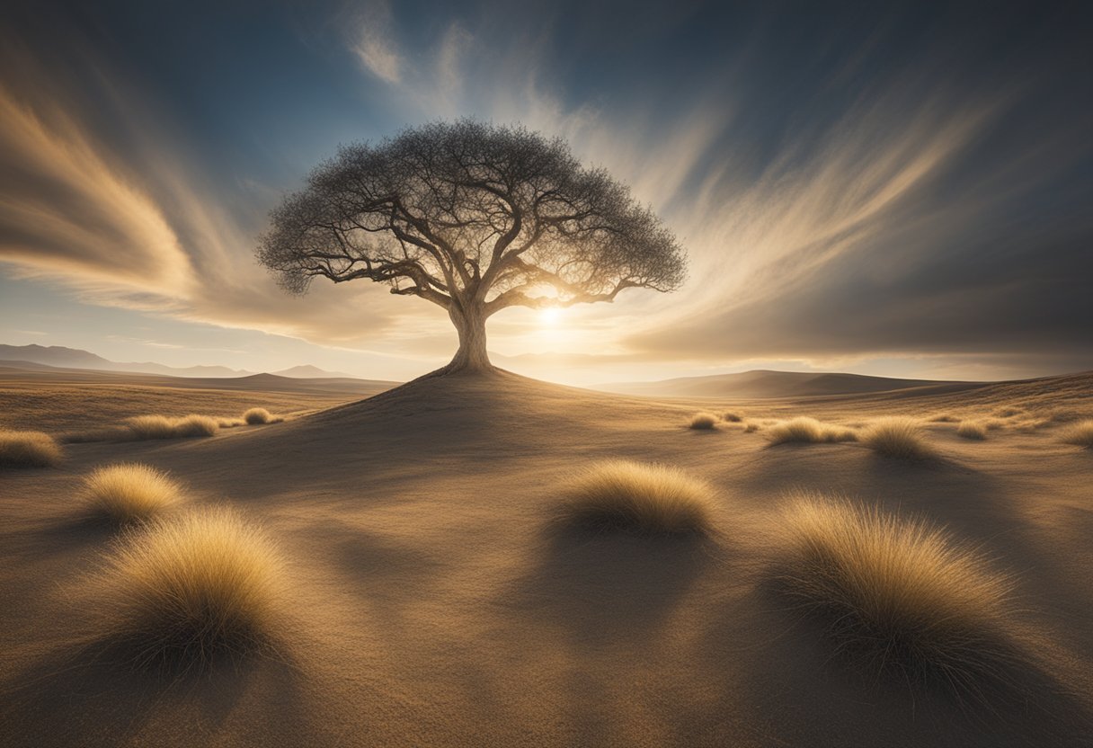 A lone tree stands resilient in a barren landscape, surrounded by swirling clouds and a glowing sun