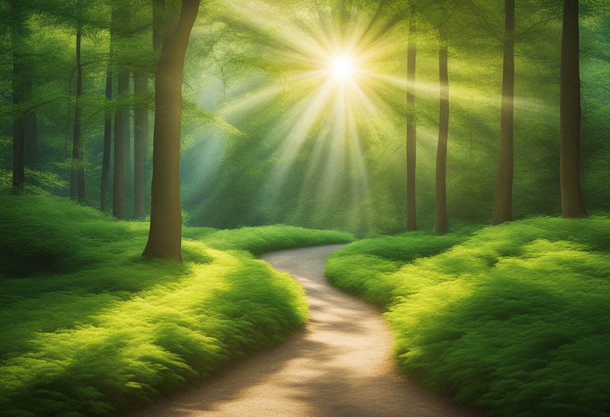 A serene forest with a winding path leading to a bright, hopeful horizon. The sun shines through the trees, casting dappled light on the lush greenery