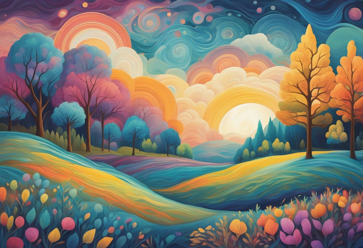 A serene, otherworldly landscape with vibrant colors and swirling patterns, evoking a sense of hope and resilience