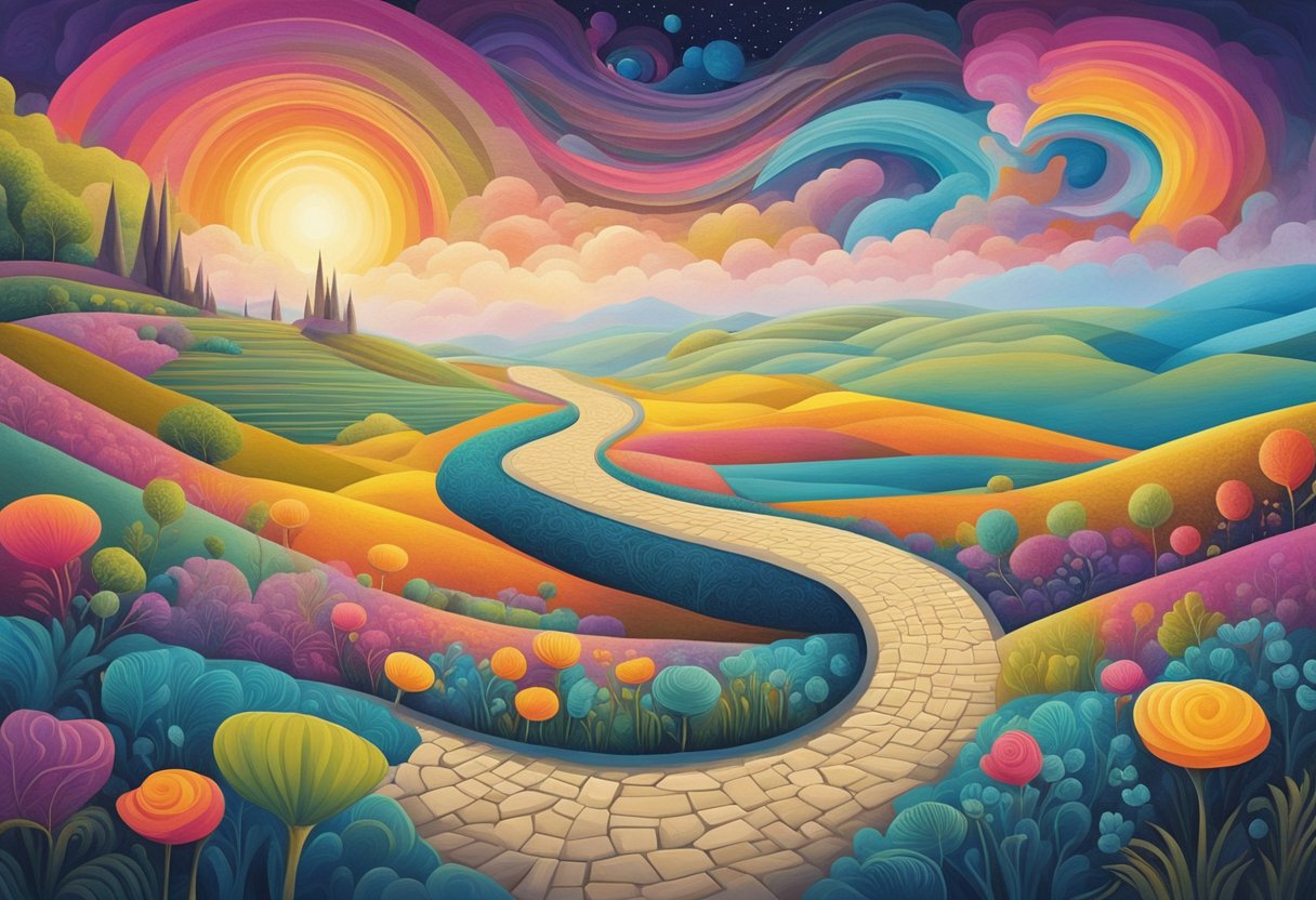 A winding path through a surreal landscape, with vibrant colors and fantastical elements