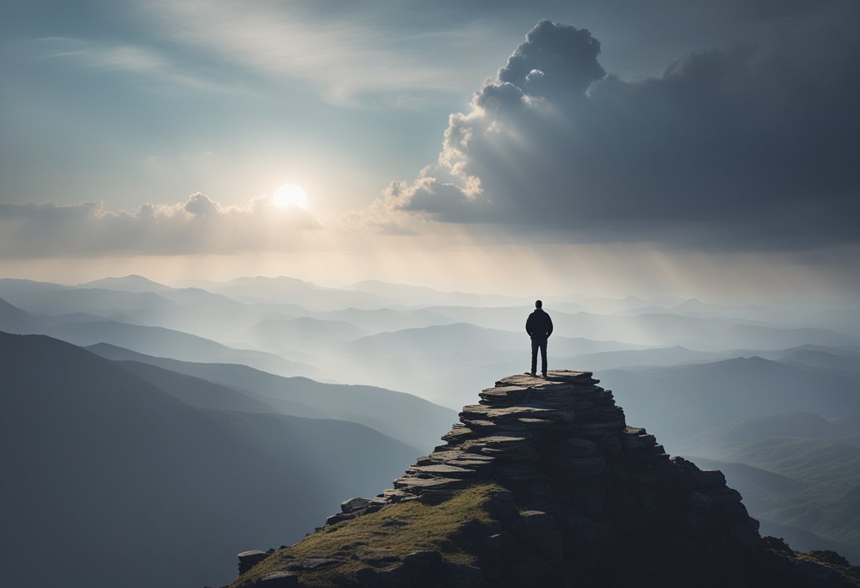 A lone figure stands on a mountain peak, gazing out at the vast horizon, symbolizing the arbitrary nature of cancer survivorship