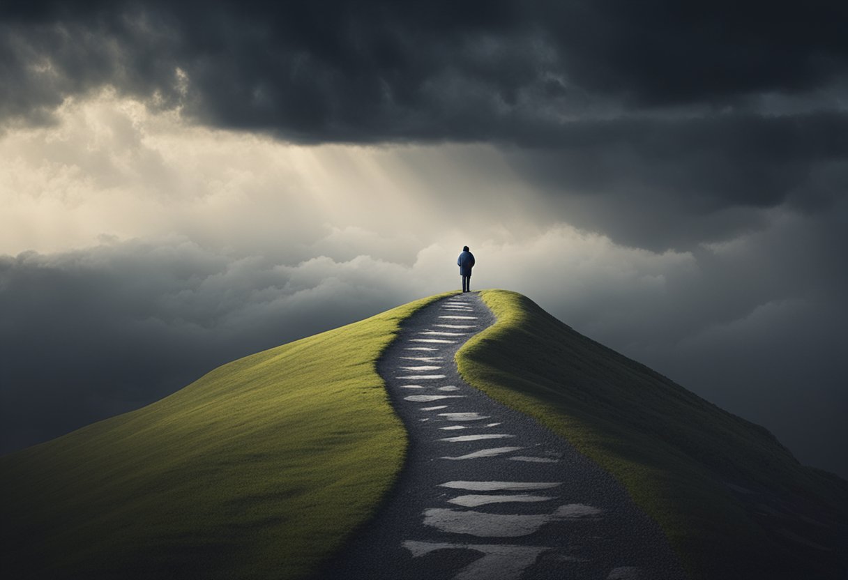 A lone figure stands on a winding path, surrounded by dark clouds but with a glimmer of light breaking through, symbolizing the challenges faced by cancer survivors