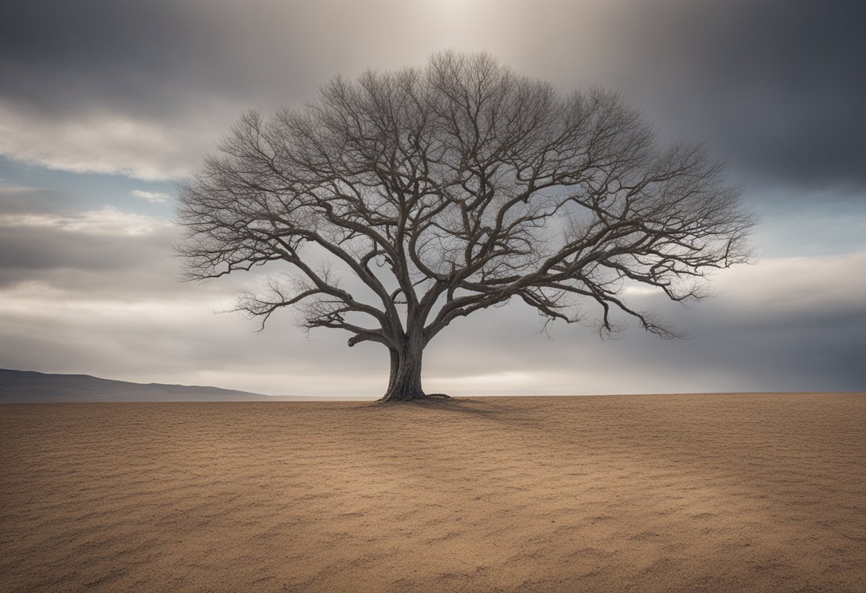 A lone tree stands tall in a barren landscape, its branches reaching towards the sky. The harsh terrain symbolizes the survivor's journey through cancer