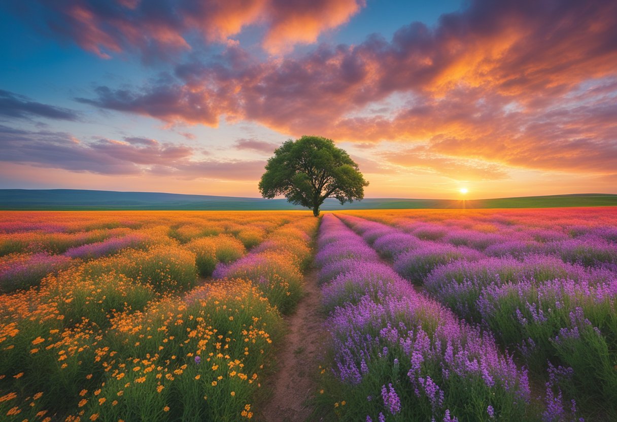 A vibrant field of wildflowers, with a lone tree standing tall against a colorful sunset sky