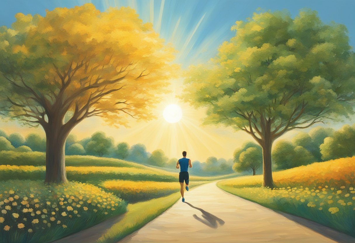 A male figure jogging along a tree-lined path, with a vibrant sun in the sky and a sense of determination in his posture