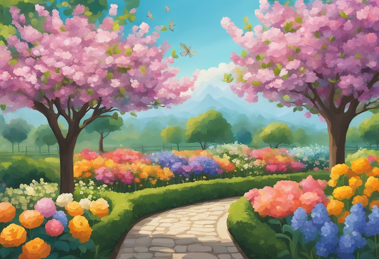 A vibrant garden with blooming flowers and a strong, healthy tree symbolizing vitality and quality of life for a male cancer survivor