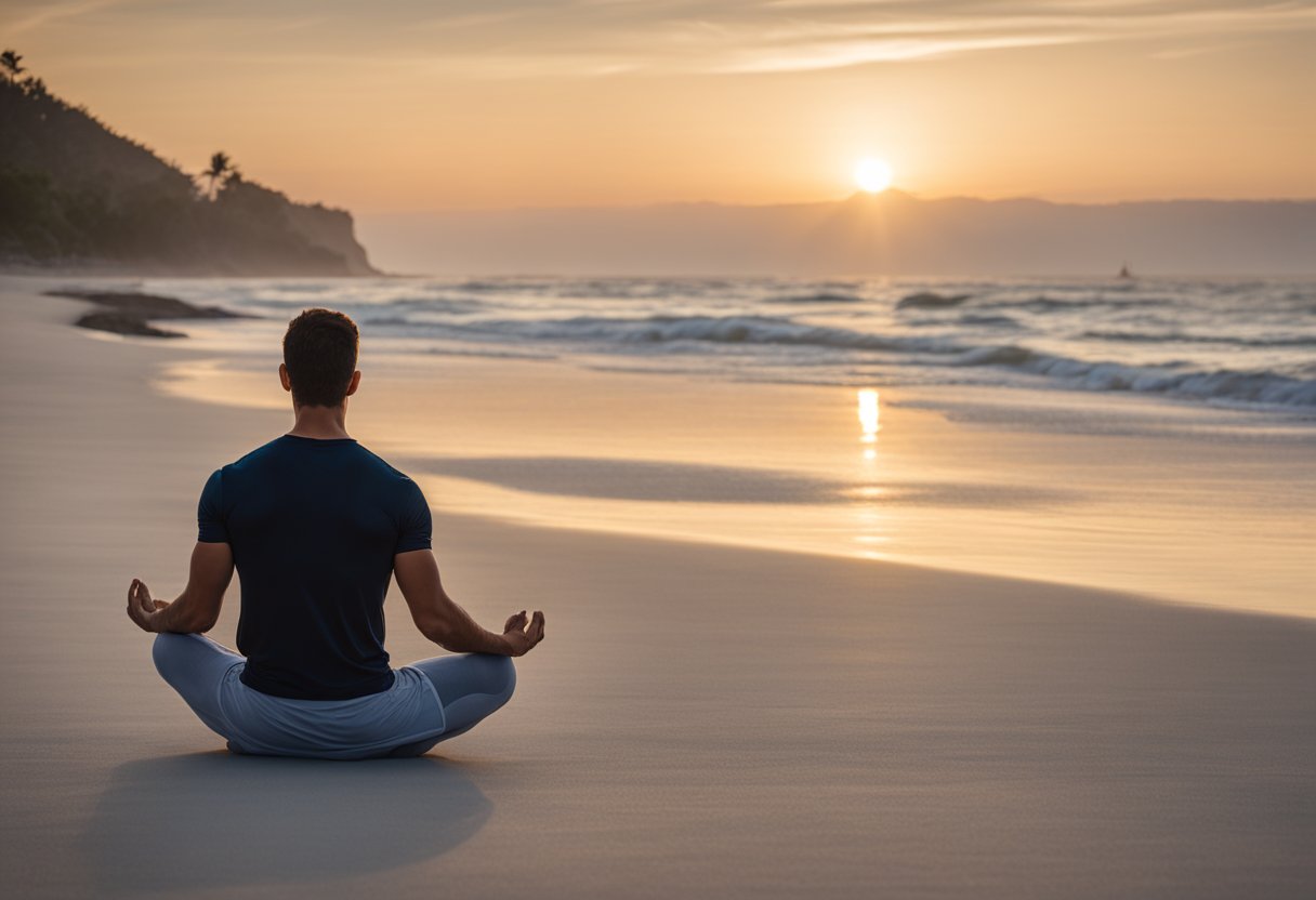 A man in workout clothes meditates on a peaceful beach at sunrise