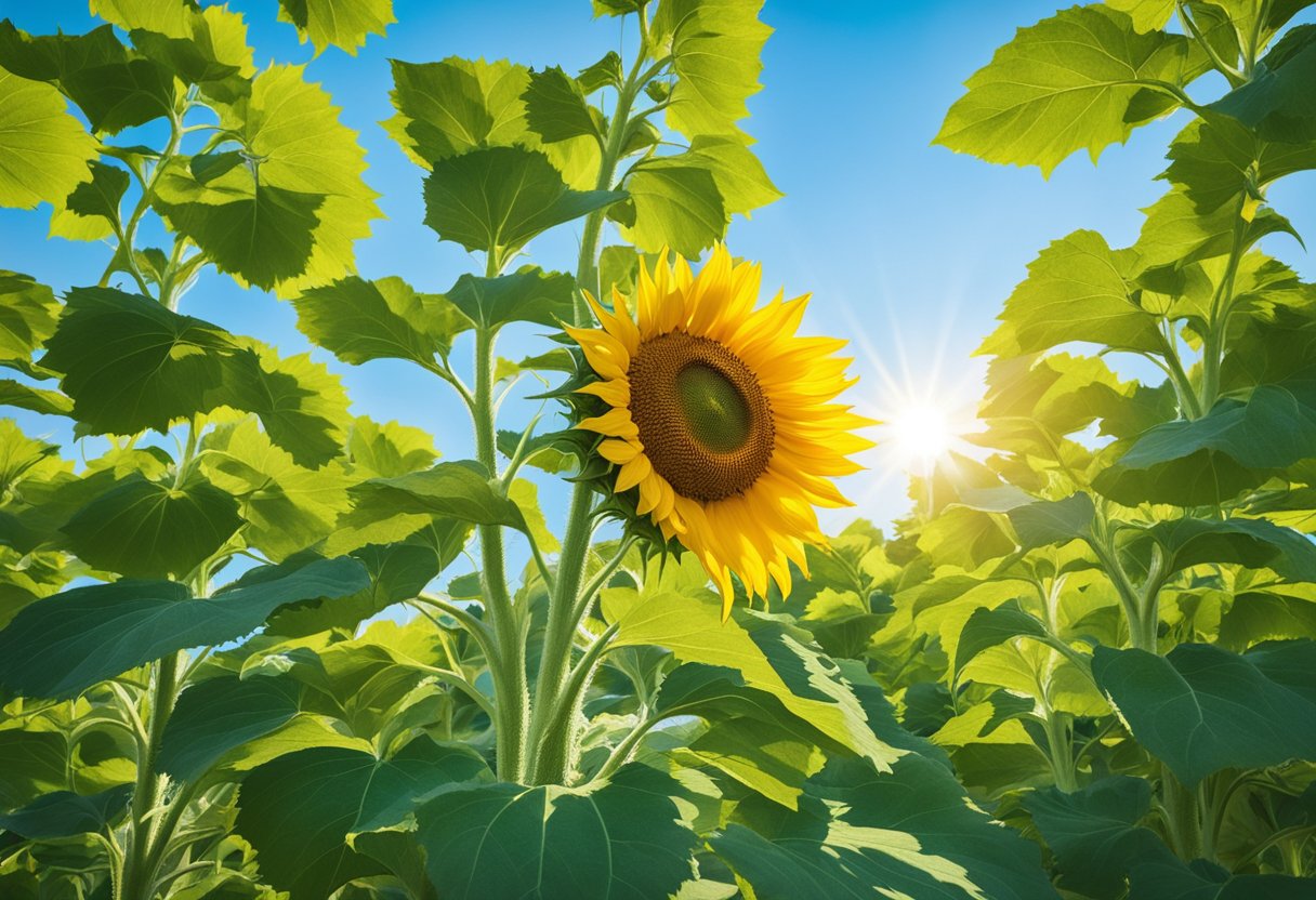 A vibrant sunflower reaching towards the sky, surrounded by lush green leaves and a clear blue sky