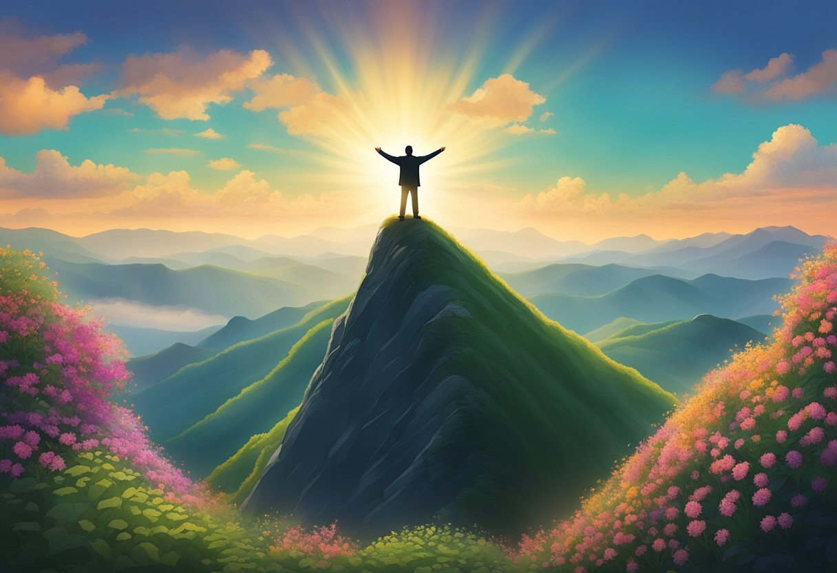 A lone figure stands atop a mountain peak, arms outstretched, facing the rising sun. The surrounding landscape is lush and vibrant, symbolizing hope and resilience
