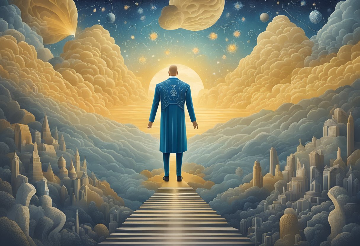 A triumphant male Cancer thriver standing tall, surrounded by symbolic representations of strength and resilience