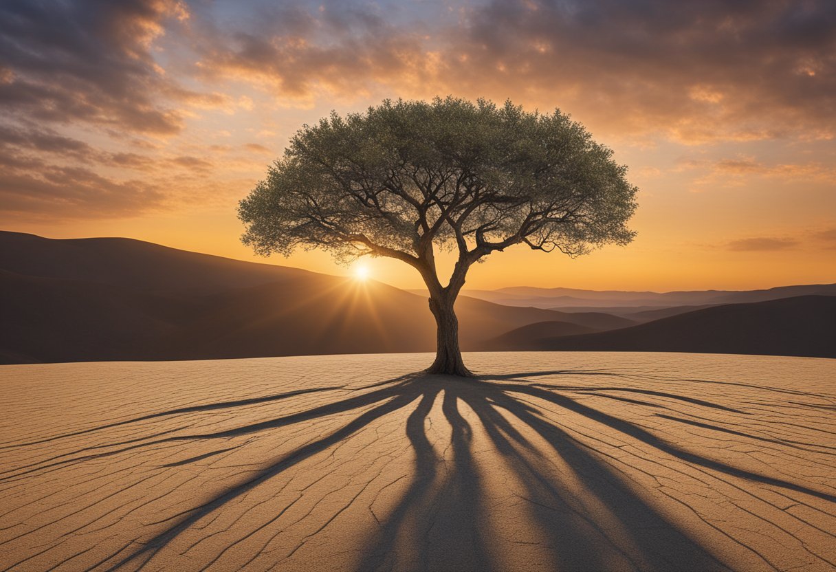 A lone tree stands tall in a barren landscape, its branches reaching towards the sky. A vibrant sunrise illuminates the horizon, symbolizing the triumph of the male cancer thriver