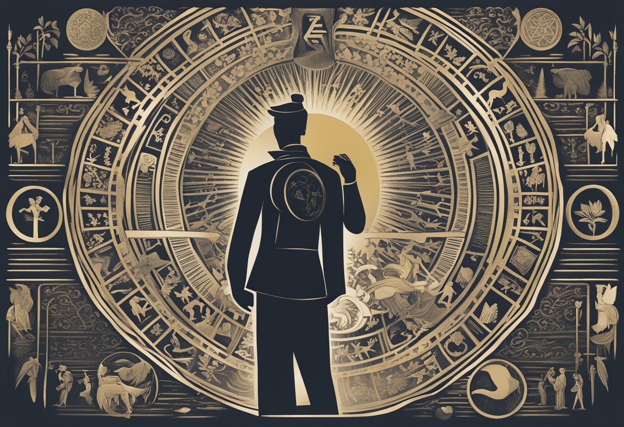 A triumphant male figure standing tall, surrounded by symbols of strength and resilience, with a sense of determination and hope radiating from his posture