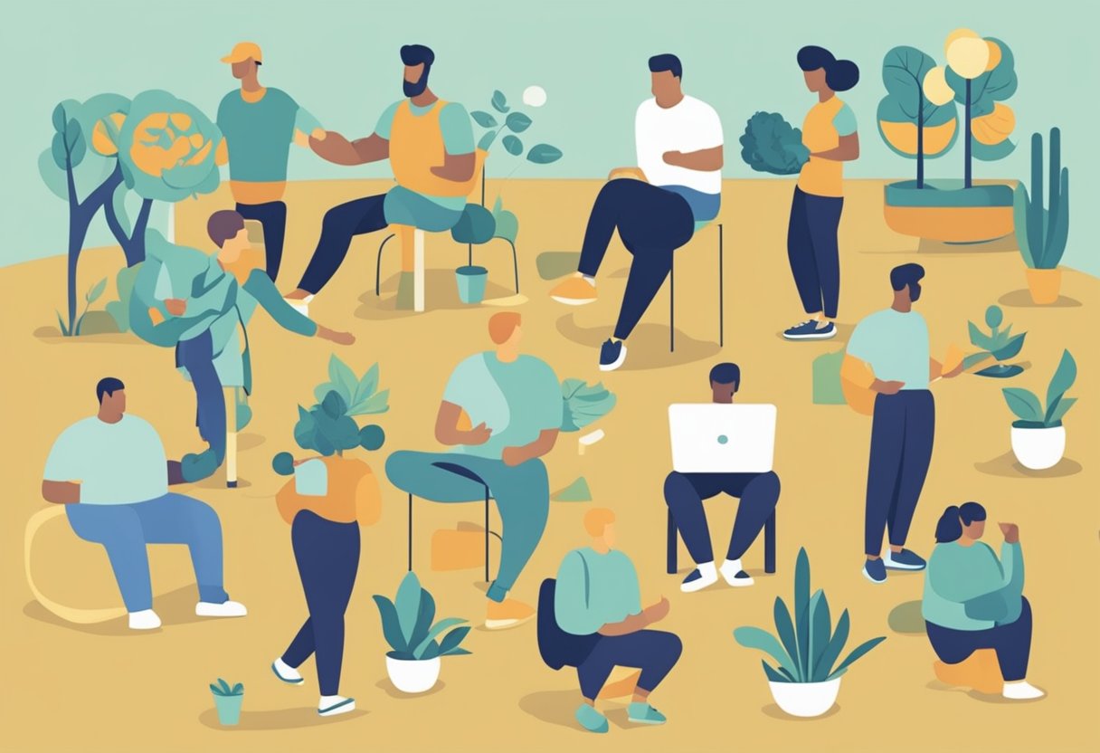 A man practicing healthy habits: exercising, eating well, and attending support groups