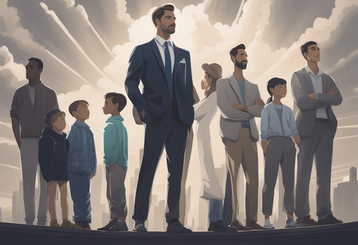 A man standing tall, surrounded by supportive friends and family, with a sense of pride and strength emanating from his confident posture