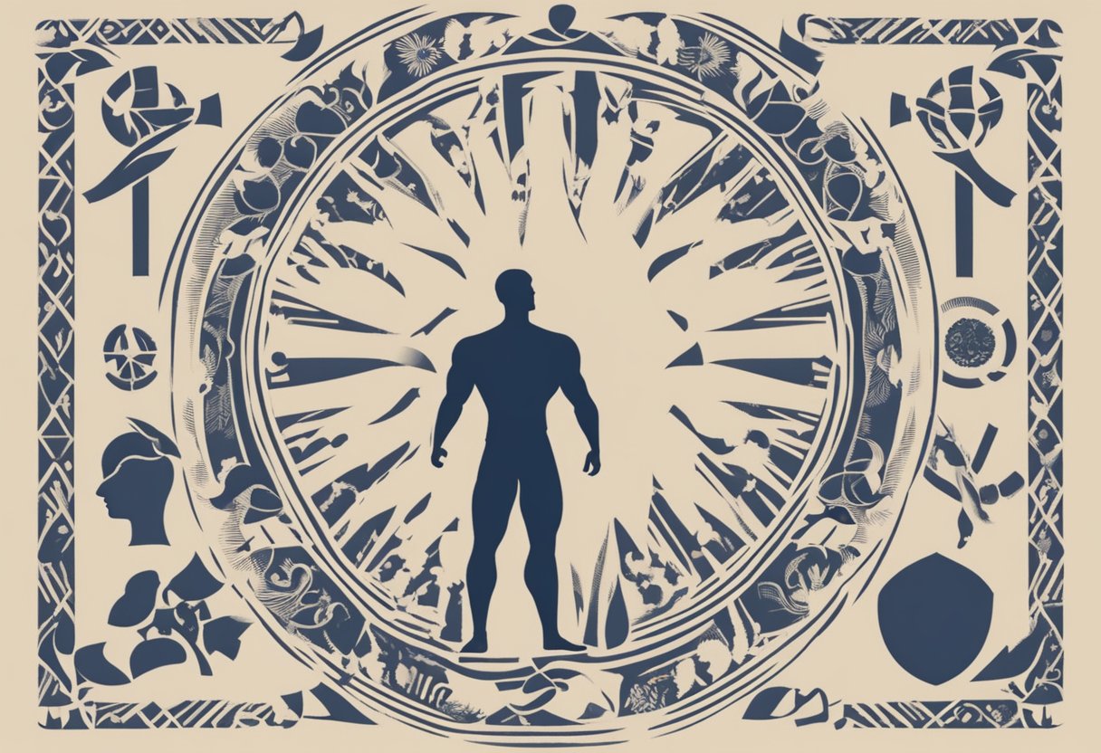 A male silhouette surrounded by symbols of strength and resilience, with a ribbon representing cancer awareness