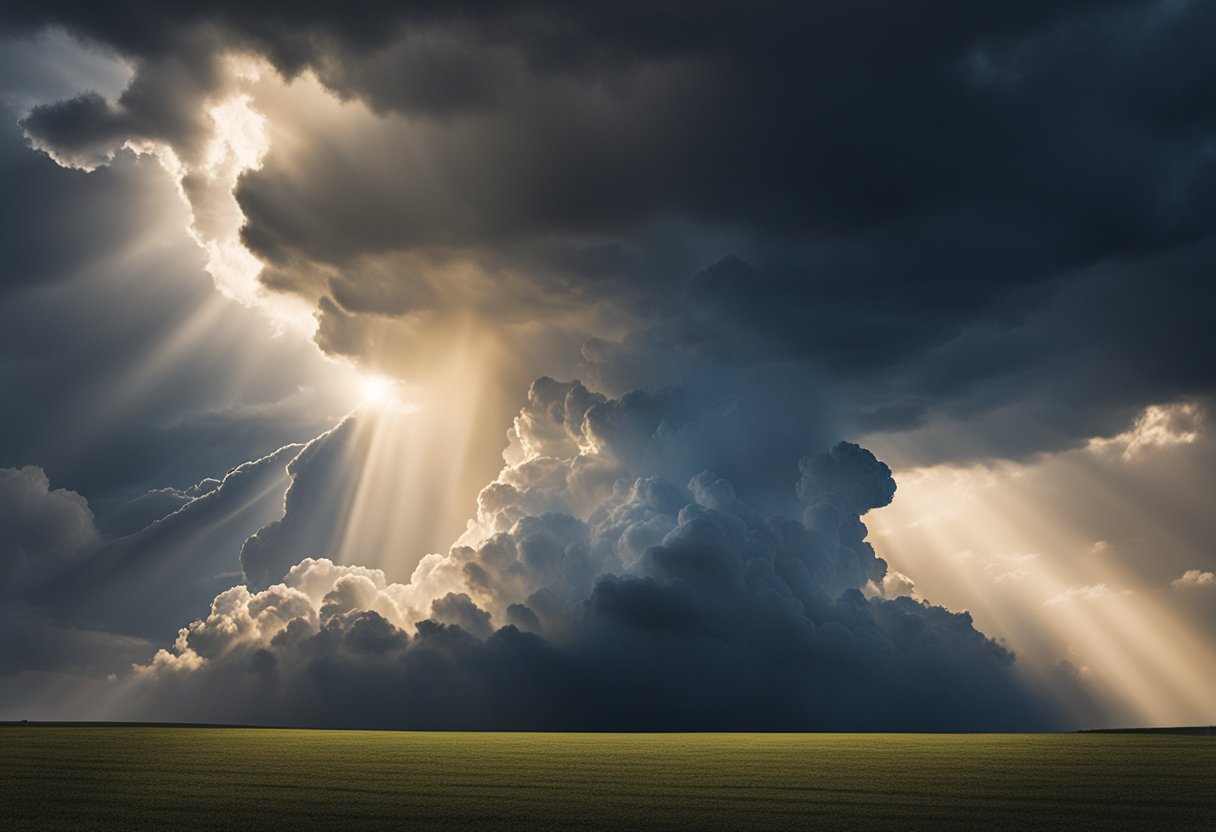 A radiant beam of light breaking through a dark storm cloud, symbolizing hope and resilience